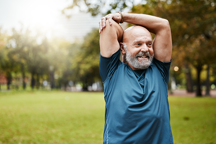 Warm up, retirement and exercise with senior runner in nature