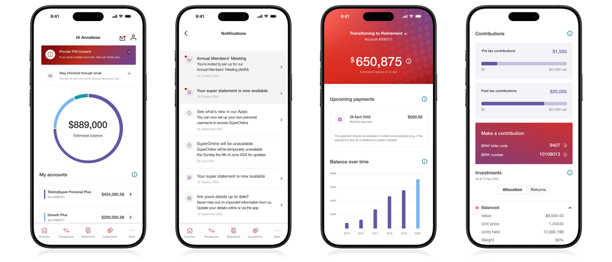 Screenshots of TelstraSuper app