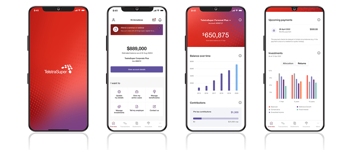 Four screenshots of the TelstraSuper app